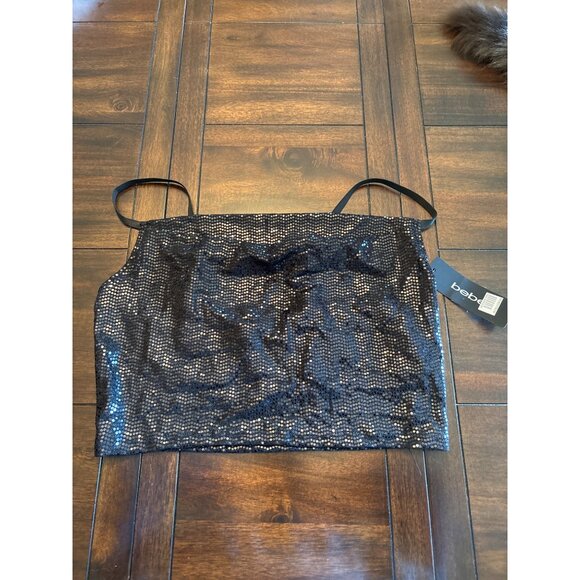 Bebe Black Sequin Two Piece Shimmer Set Medium Made In USA Disco Halter - Picture 3 of 9
